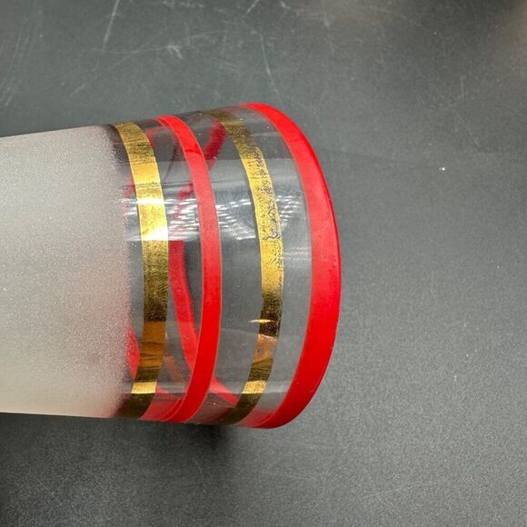 MCM Cordial Shot Glasses Frosted Footed Striped Red Gold Rimmed Set Vtg 1940s - Picture 6 of 12